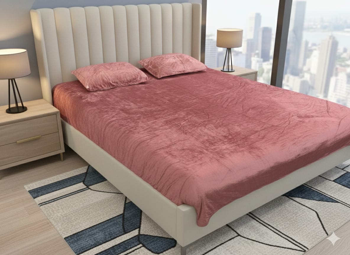 King Size Velvet Solid Warm Bedsheet - Peach