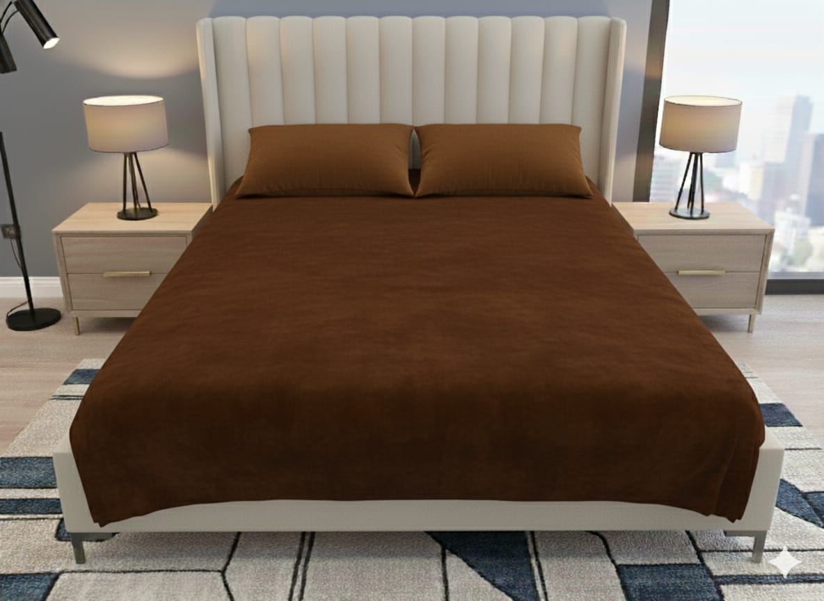 King Size Velvet Solid Warm Bedsheet - Brown