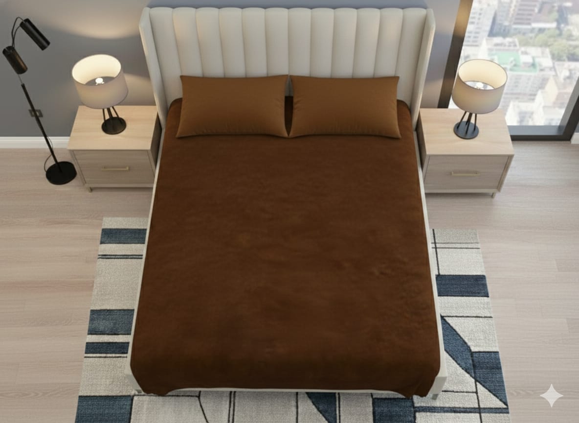 King Size Velvet Solid Warm Bedsheet - Brown