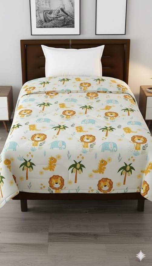 Glace Cotton Kids Single Bed 250 TC Reversible Comforter | AC Blanket | Quilt | Duvet - All Seasons Lightweight Bedding Set with Cute Patterns - Lion Tree