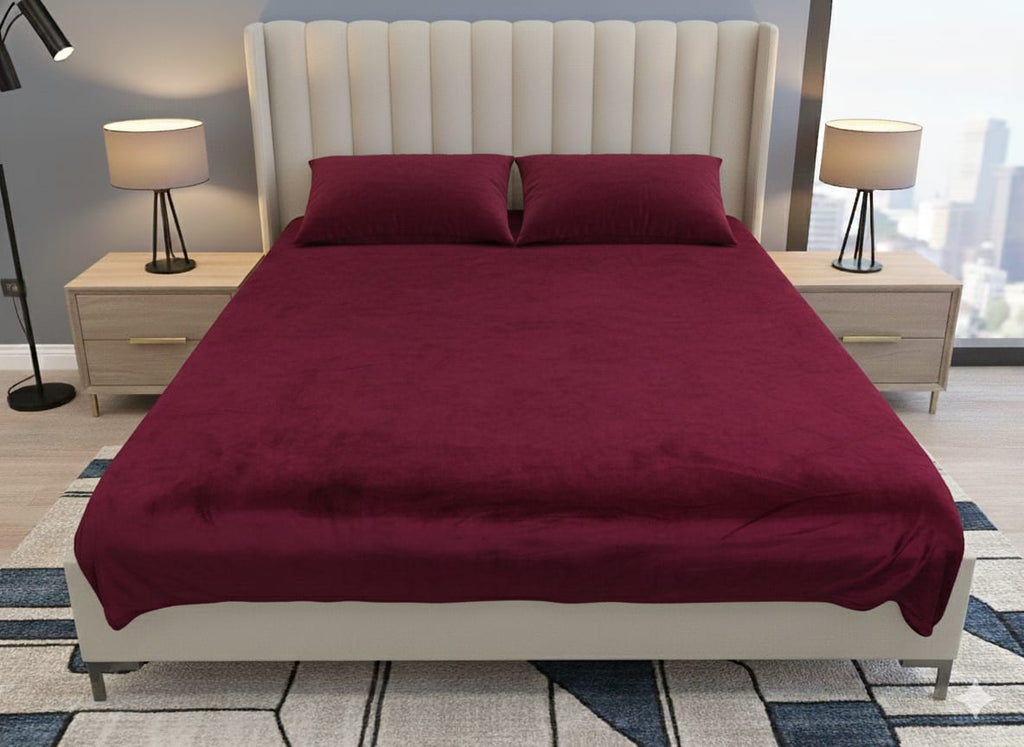 King Size Velvet Solid Warm Bedsheet - Wine