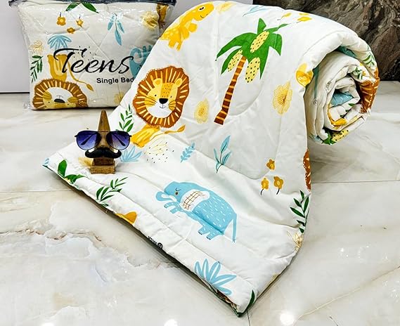 Glace Cotton Kids Single Bed 250 TC Reversible Comforter | AC Blanket | Quilt | Duvet - All Seasons Lightweight Bedding Set with Cute Patterns - Lion Tree