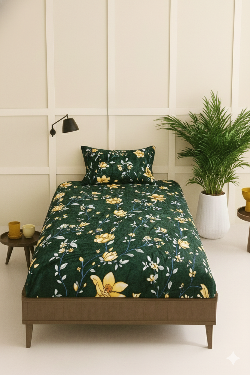 Single Velvet/Flannel Bedsheets - Dark Green
