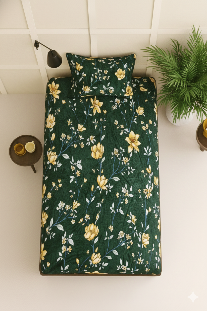 Single Velvet/Flannel Bedsheets - Dark Green
