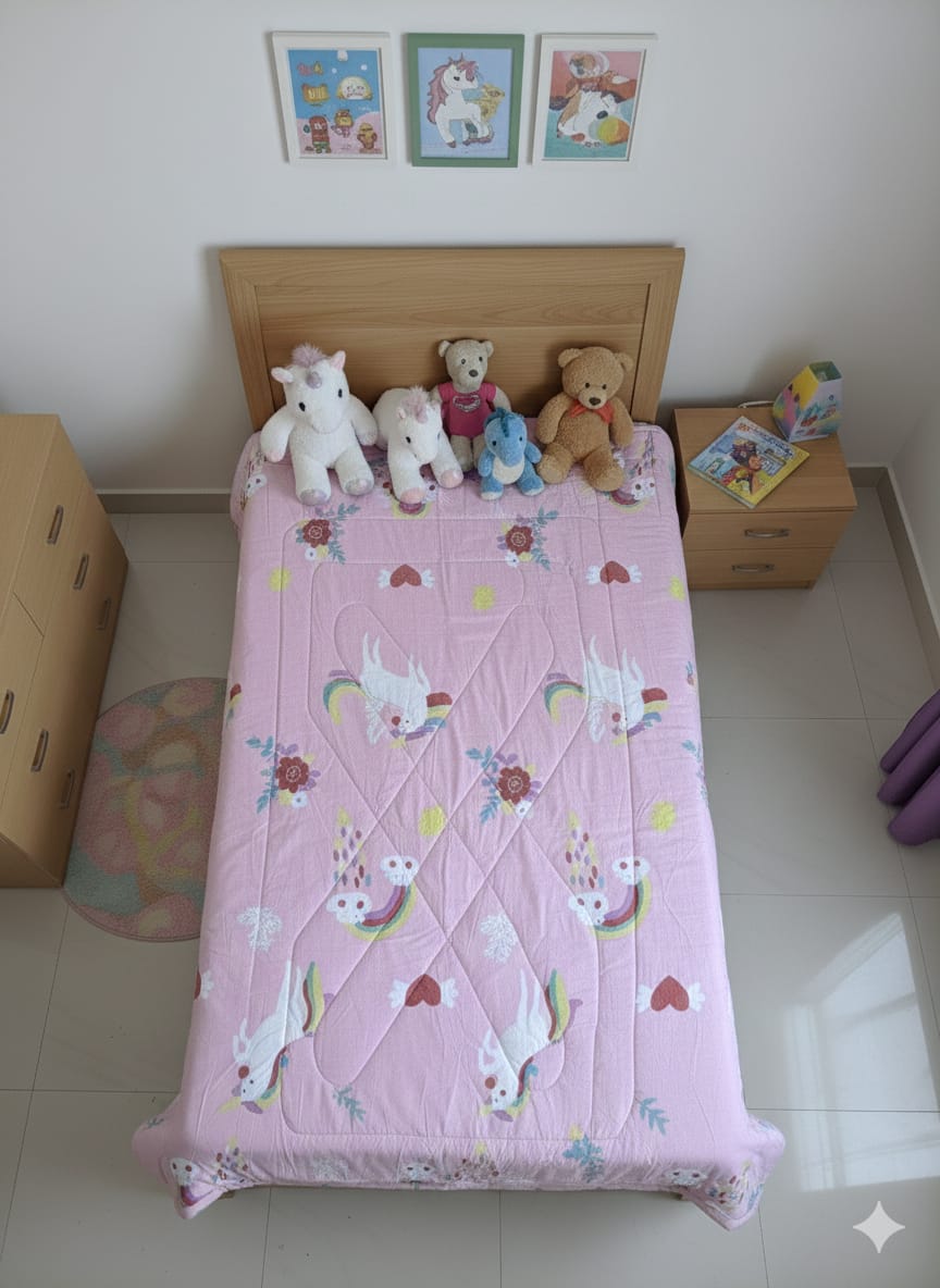 Glace Cotton Kids Single Bed 250 TC Reversible Comforter | AC Blanket | Quilt | Duvet - All Seasons Lightweight Bedding Set with Cute Patterns - Unicorn Pink