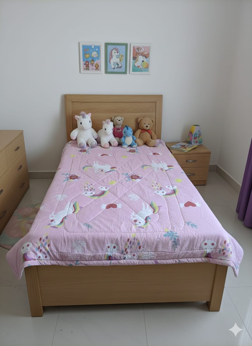 Glace Cotton Kids Single Bed 250 TC Reversible Comforter | AC Blanket | Quilt | Duvet - All Seasons Lightweight Bedding Set with Cute Patterns - Unicorn Pink