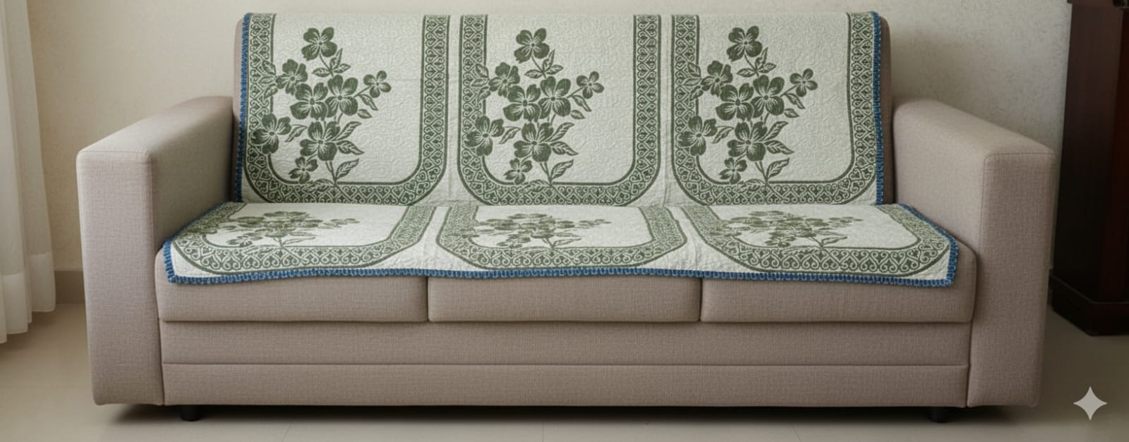 Floral Cotton Sofa Cover Set 10-Pieces, Green Hibiscus Design with Blue Border, 10 Pieces