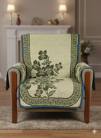 Floral Cotton Sofa Cover Set 10-Pieces, Green Hibiscus Design with Blue Border, 10 Pieces