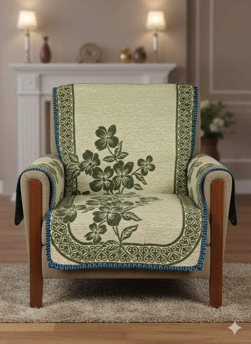 Floral Cotton Sofa Cover Set 10-Pieces, Green Hibiscus Design with Blue Border, 10 Pieces