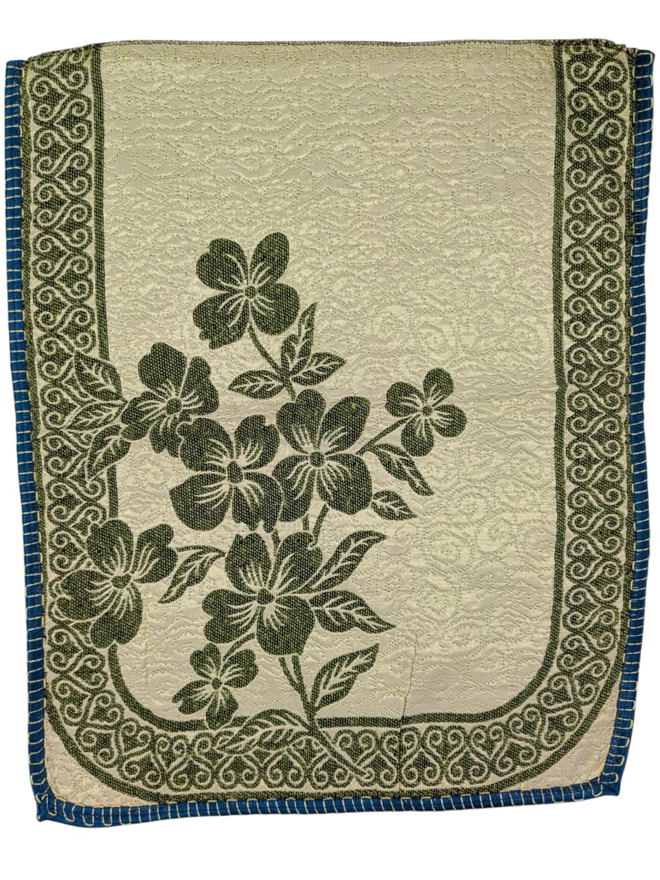 Floral Cotton Sofa Cover Set 10-Pieces, Green Hibiscus Design with Blue Border, 10 Pieces