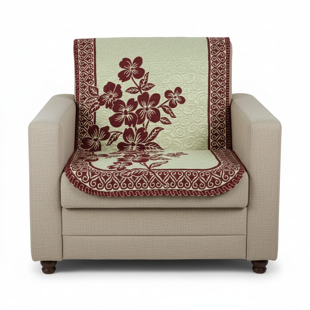 Cotton Sofa Cover Set, 10-Piece, Burgundy Floral Pattern with Decorative Border, Cream Background