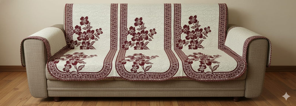 Cotton Sofa Cover Set, 10-Piece, Burgundy Floral Pattern with Decorative Border, Cream Background