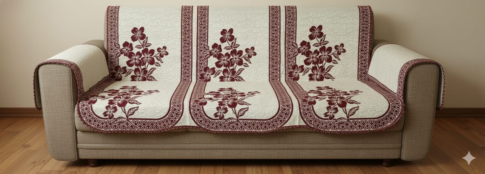 Cotton Sofa Cover Set, 10-Piece, Burgundy Floral Pattern with Decorative Border, Cream Background