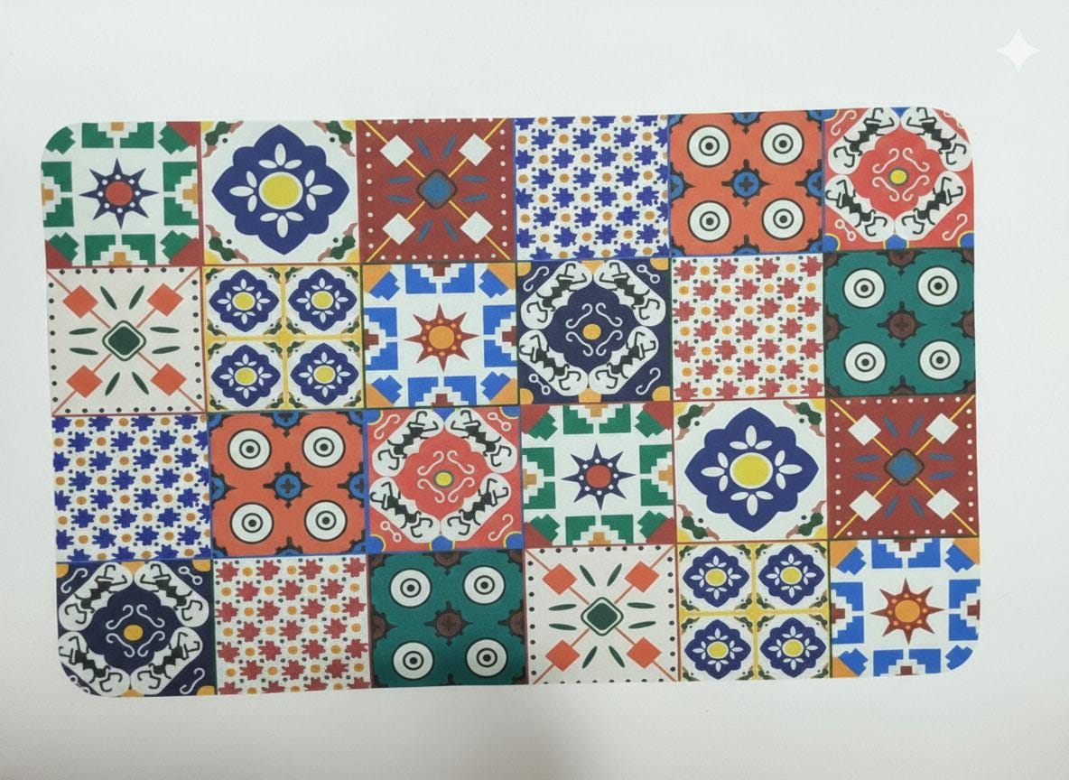 Mediterranean Mosaic Decorative Floor Mat, Colorful Tile Pattern, Anti-Skid Rubber, 26 x 16 Inches, Water Absorbing, for Bedroom, Bathroom, Front Door, Balcony (Multicolor)