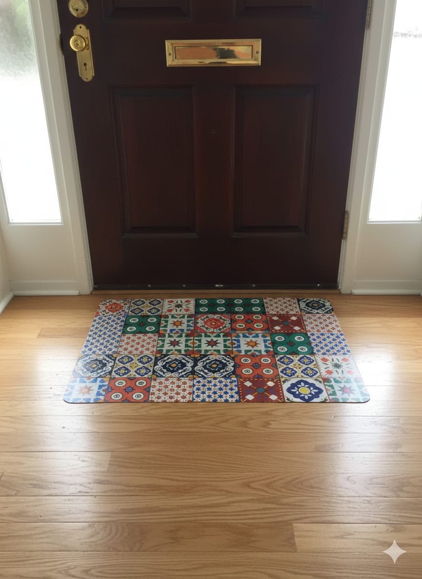 Mediterranean Mosaic Decorative Floor Mat, Colorful Tile Pattern, Anti-Skid Rubber, 26 x 16 Inches, Water Absorbing, for Bedroom, Bathroom, Front Door, Balcony (Multicolor)